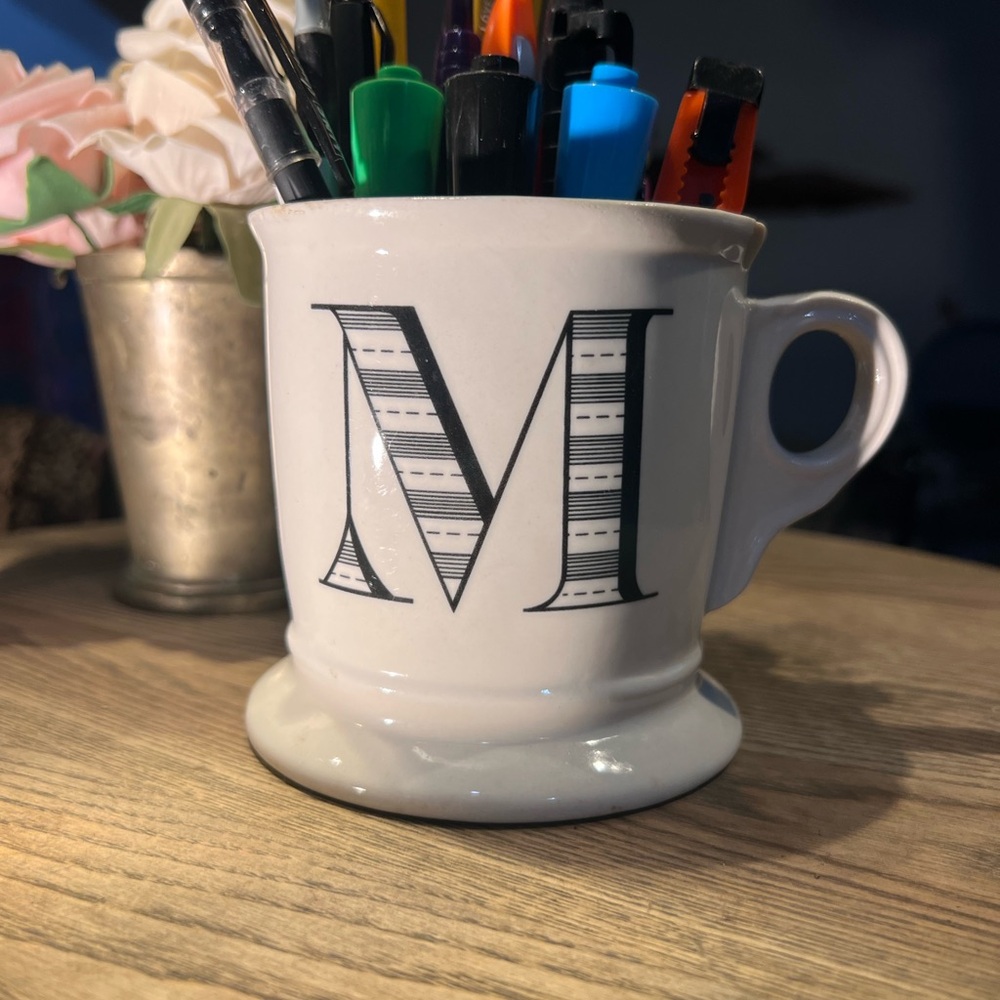 Unique Vintage White Ceramic Mug with Monogram M